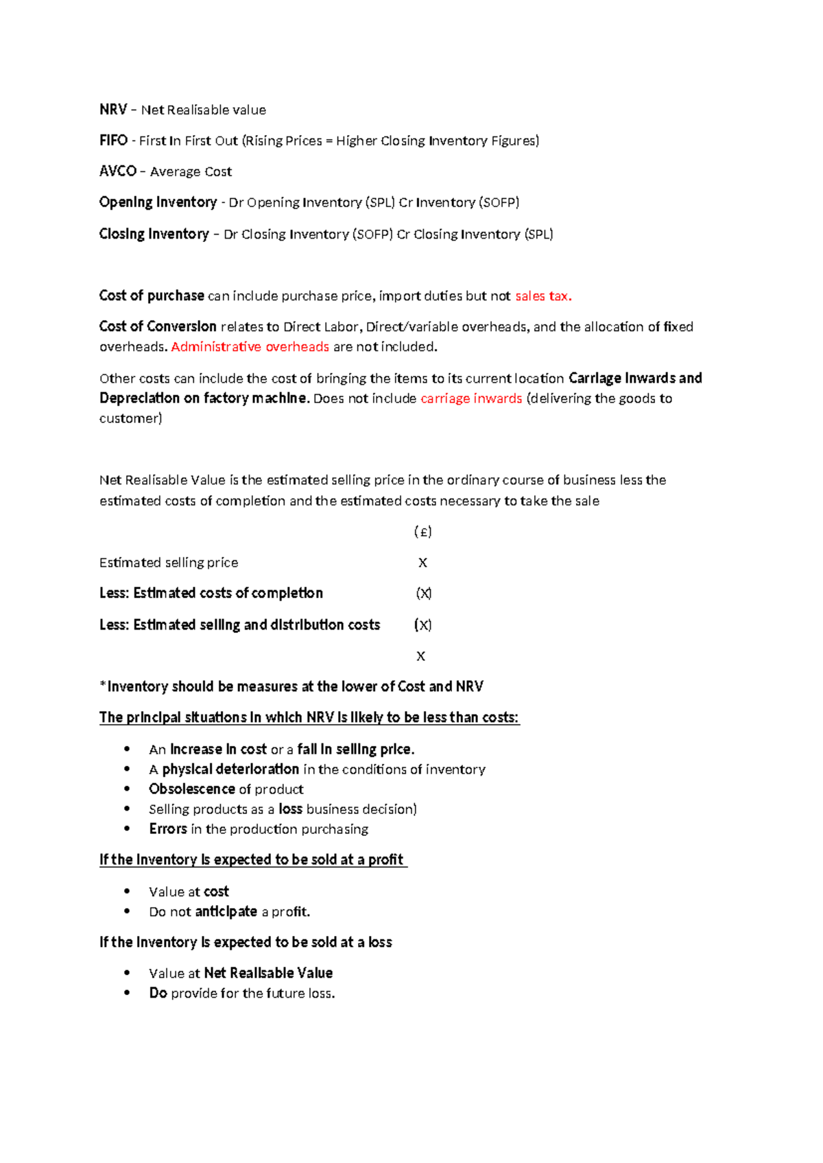 Inventory Accounting Notes: NRV, FIFO & AVCO Explained for Students ...