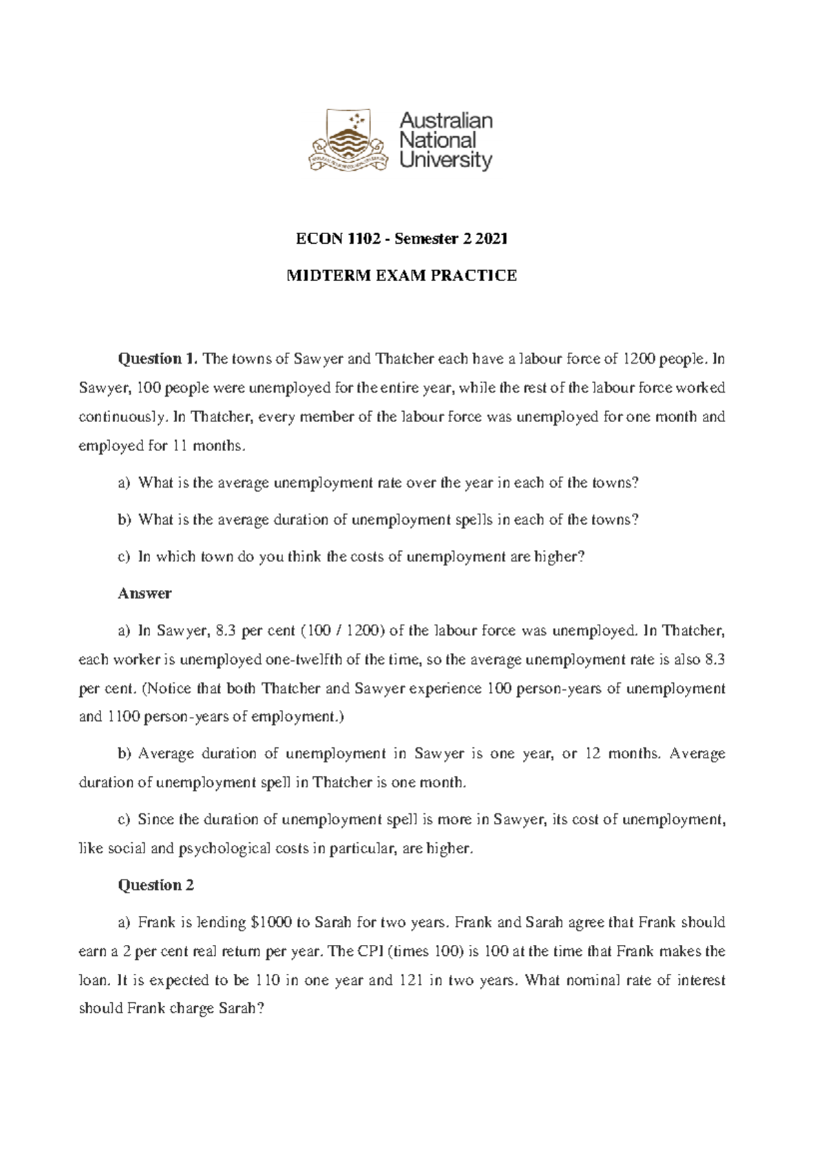ECON 1102 - Midterm Exam Practice Questions and Answers - Studocu