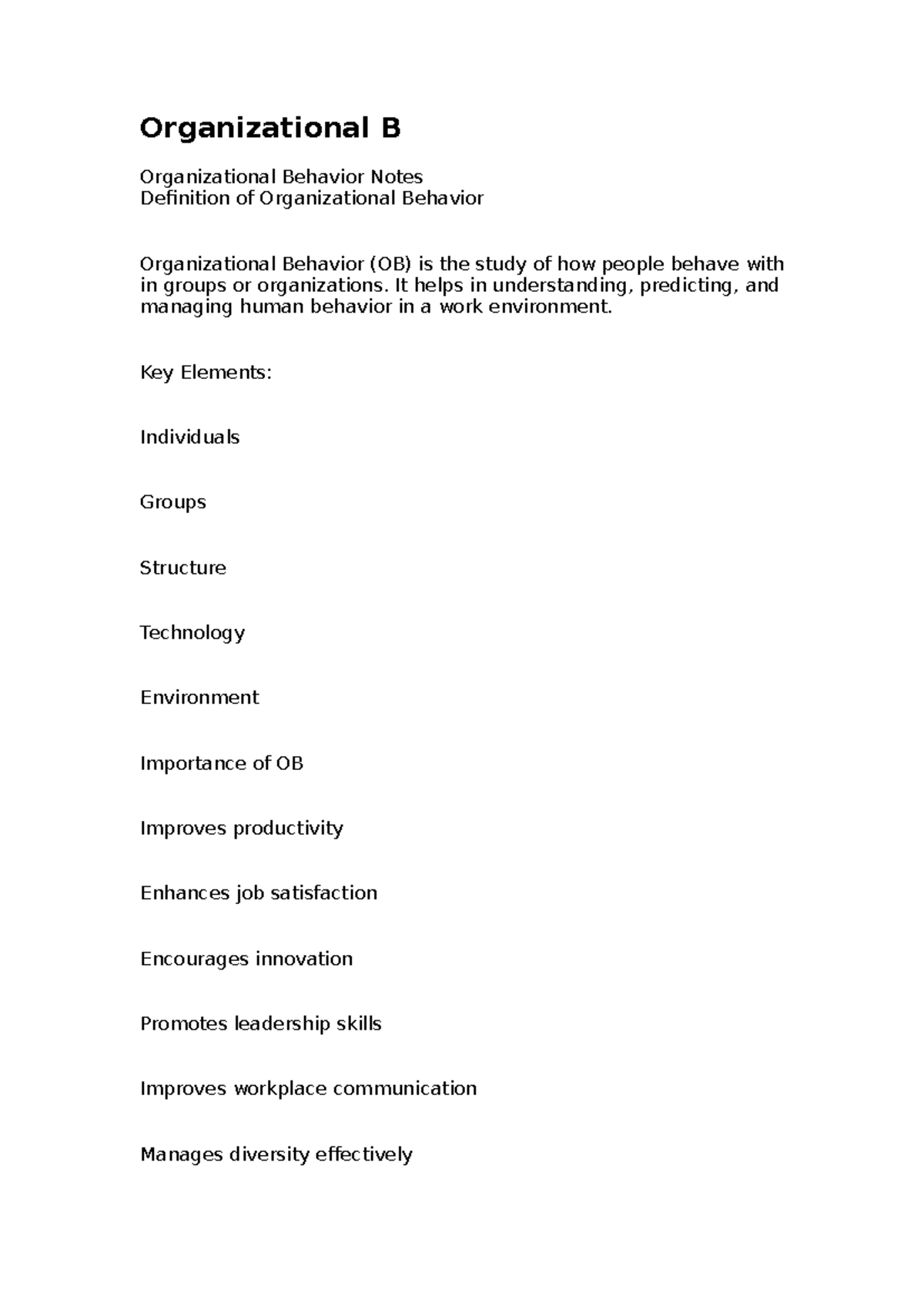 Organizational Behavior (OB) Notes: Key Concepts & Importance - Studocu