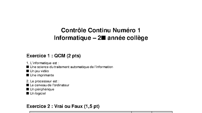Contrôle Continu N°1 Informatique - QCM et Exercices - Studocu