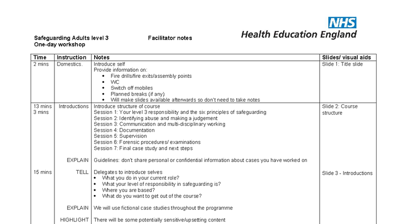 Safeguarding Adults Level 3 Workshop: Facilitator Notes and Course ...