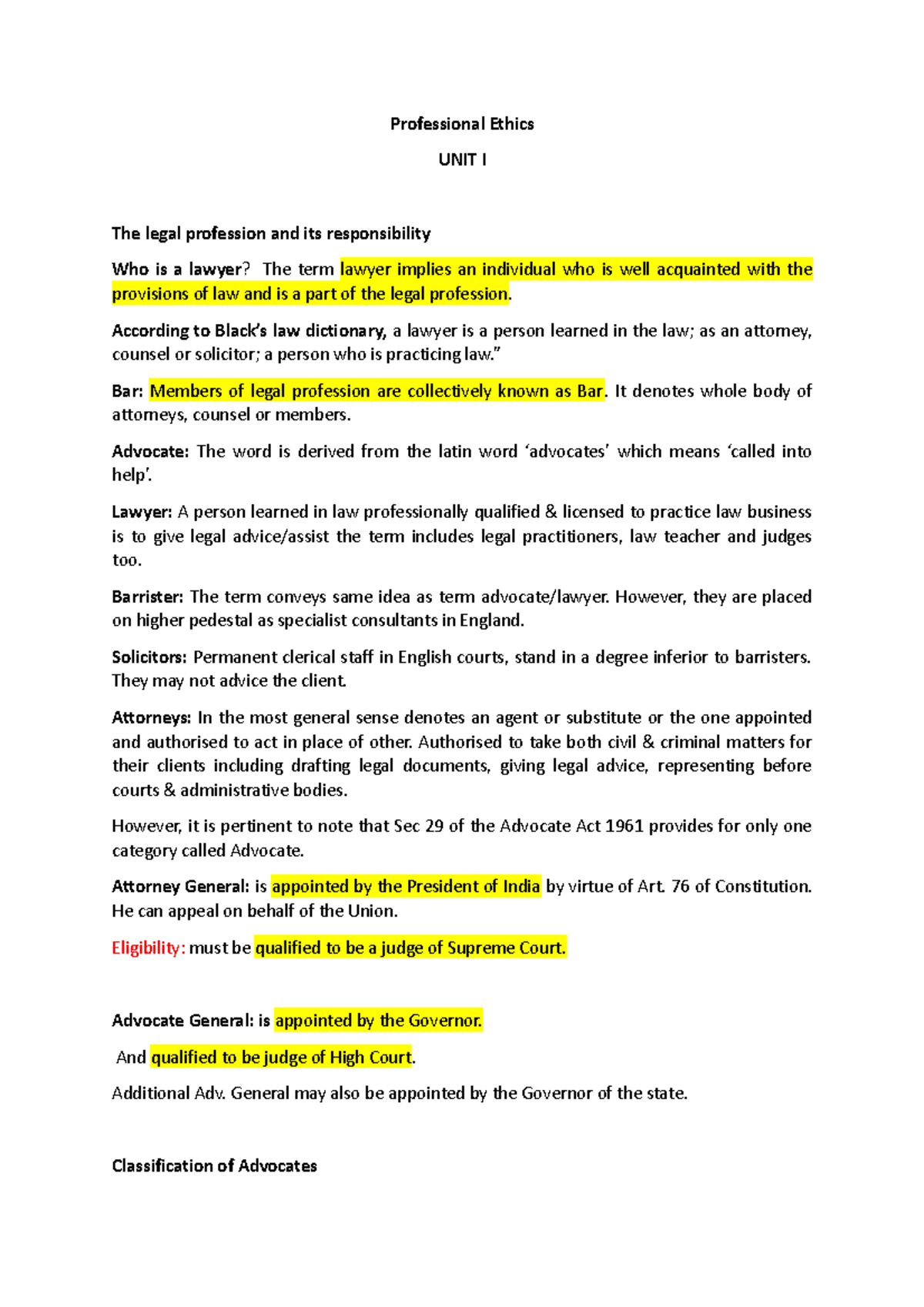 UNIT I - Comprehensive Notes on Professional Ethics and Legal Roles ...