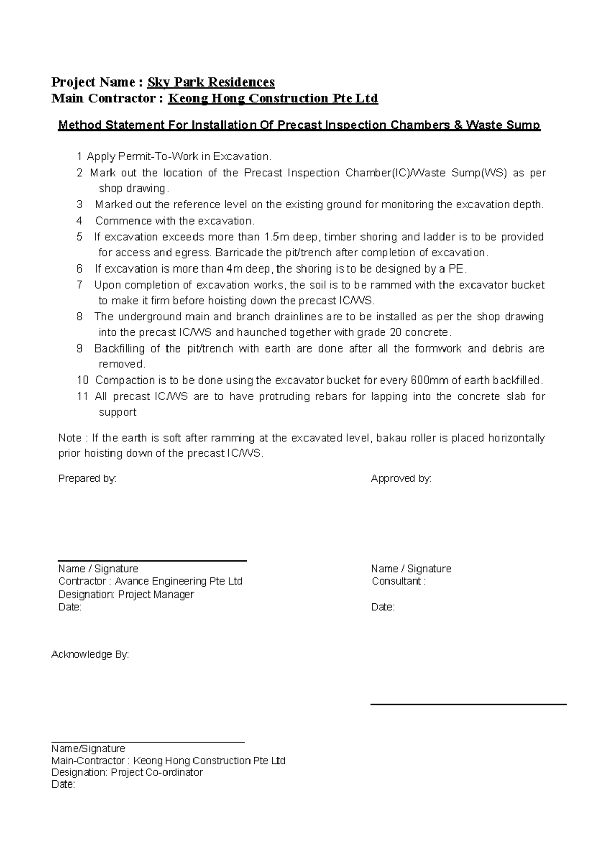 MOS for IC & WS: Method Statement for Precast Installation - Studocu
