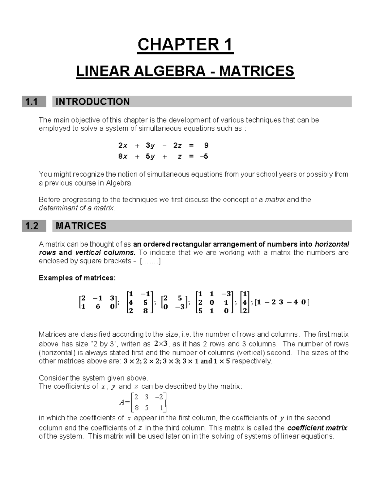 MATV101 Chapter 1: Introduction to Matrices in Linear Algebra - Studocu