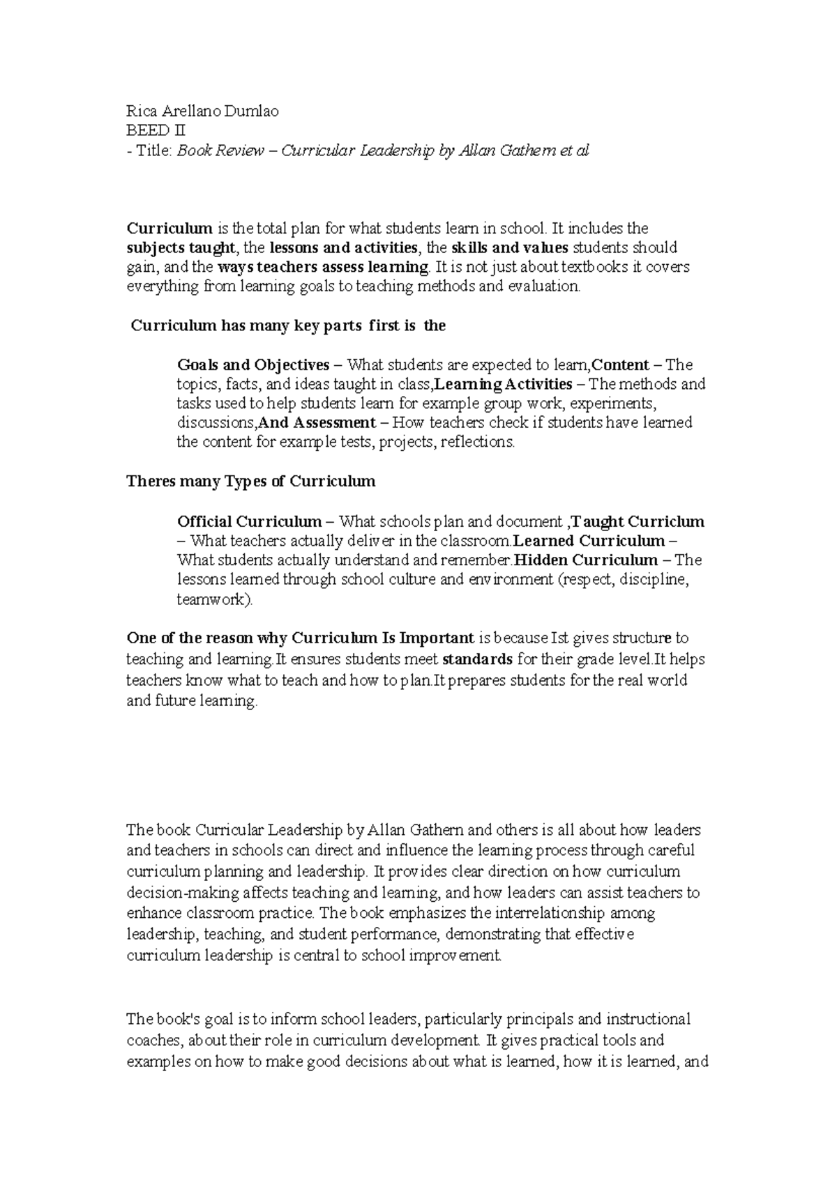 BEED II Book Review: Curricular Leadership by Allan Glathorn - Studocu