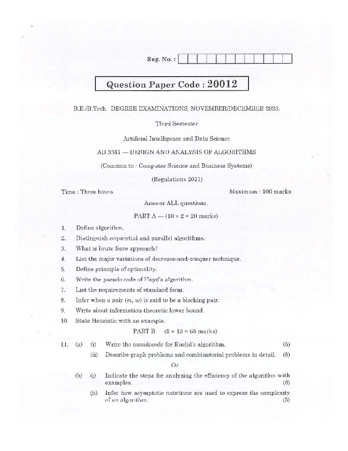 AD3351 - Design and Analysis of Algorithms Exam Paper 2023 - Studocu