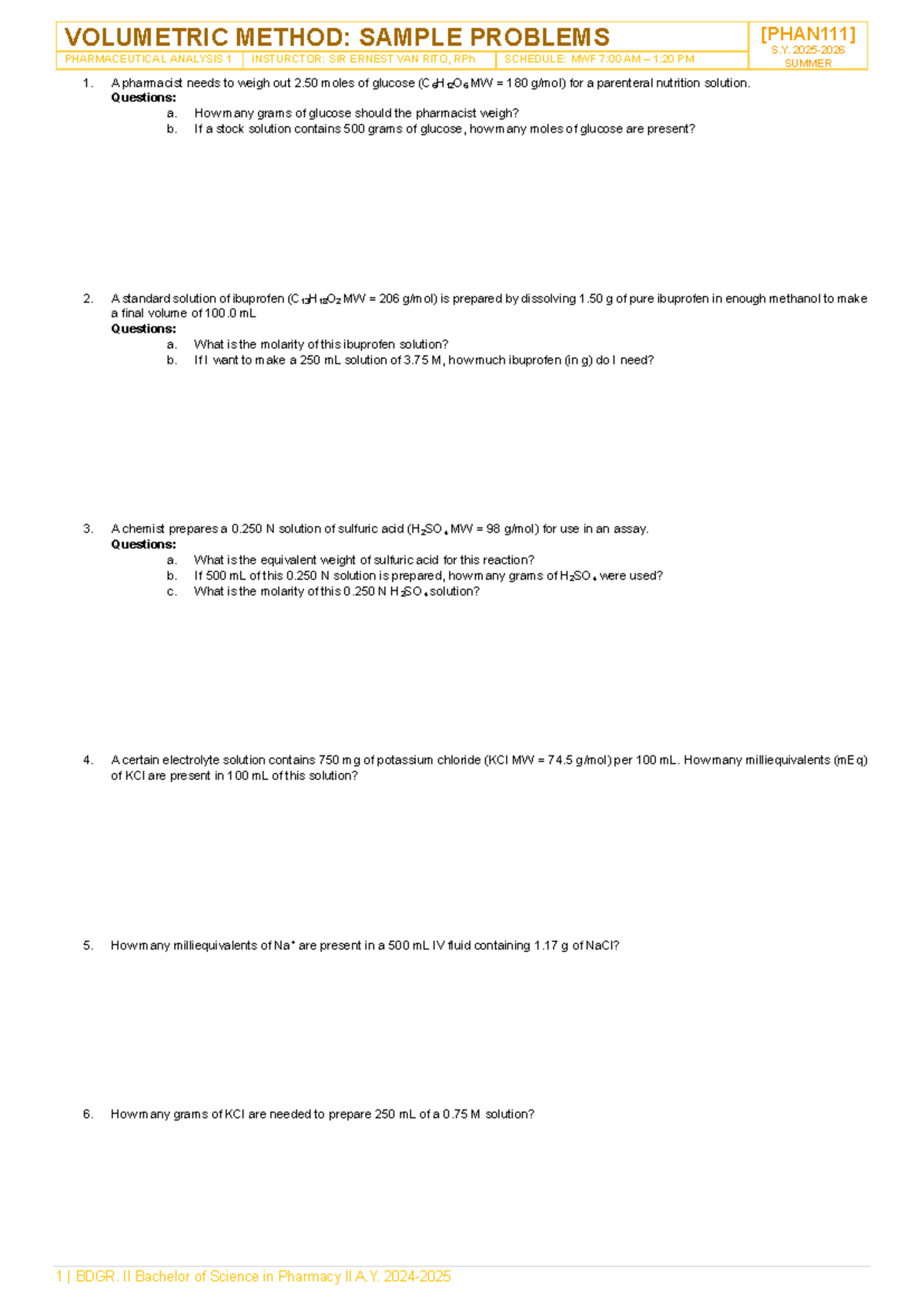 [PHAN 111] Volumetric Method: Sample Problems for Pharmaceutical ...