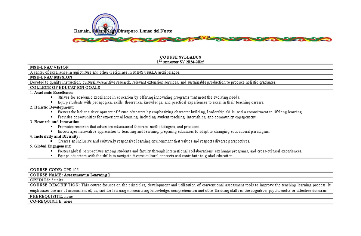 CPE105 - Assessment in Learning 1 Course Syllabus Overview - Studocu