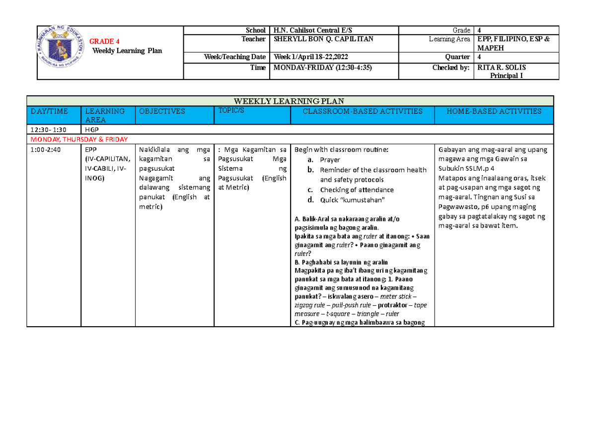 Weekly Learning Plan - Q4 Week 1 (EPP, FIL, ESP & MAPEH) - Studocu