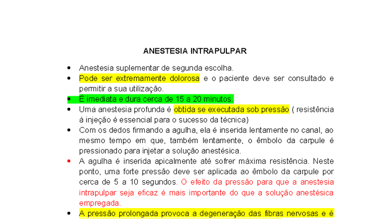ANESTESIA INTRAPULPAR: Técnica e Considerações Clínicas - Studocu