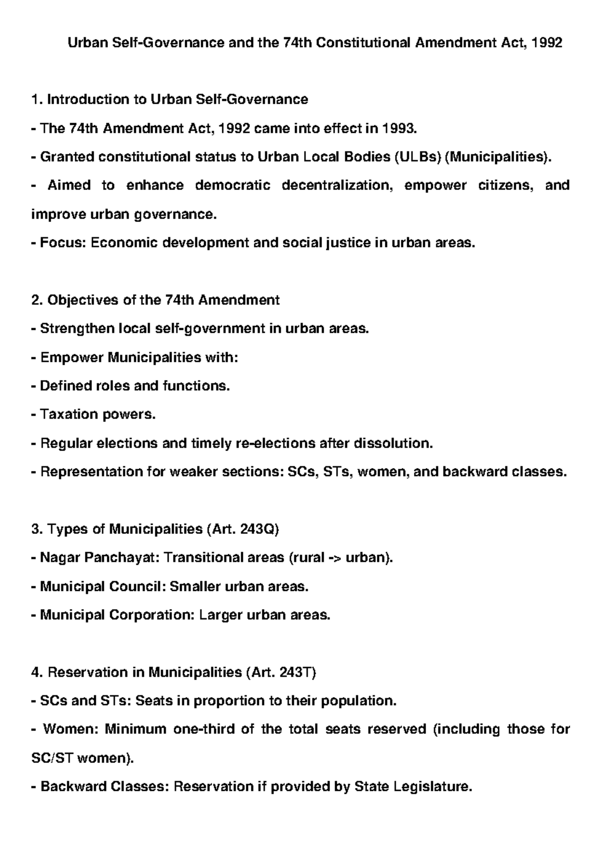 Urban Self Governance: Notes on the 74th Constitutional Amendment Act ...