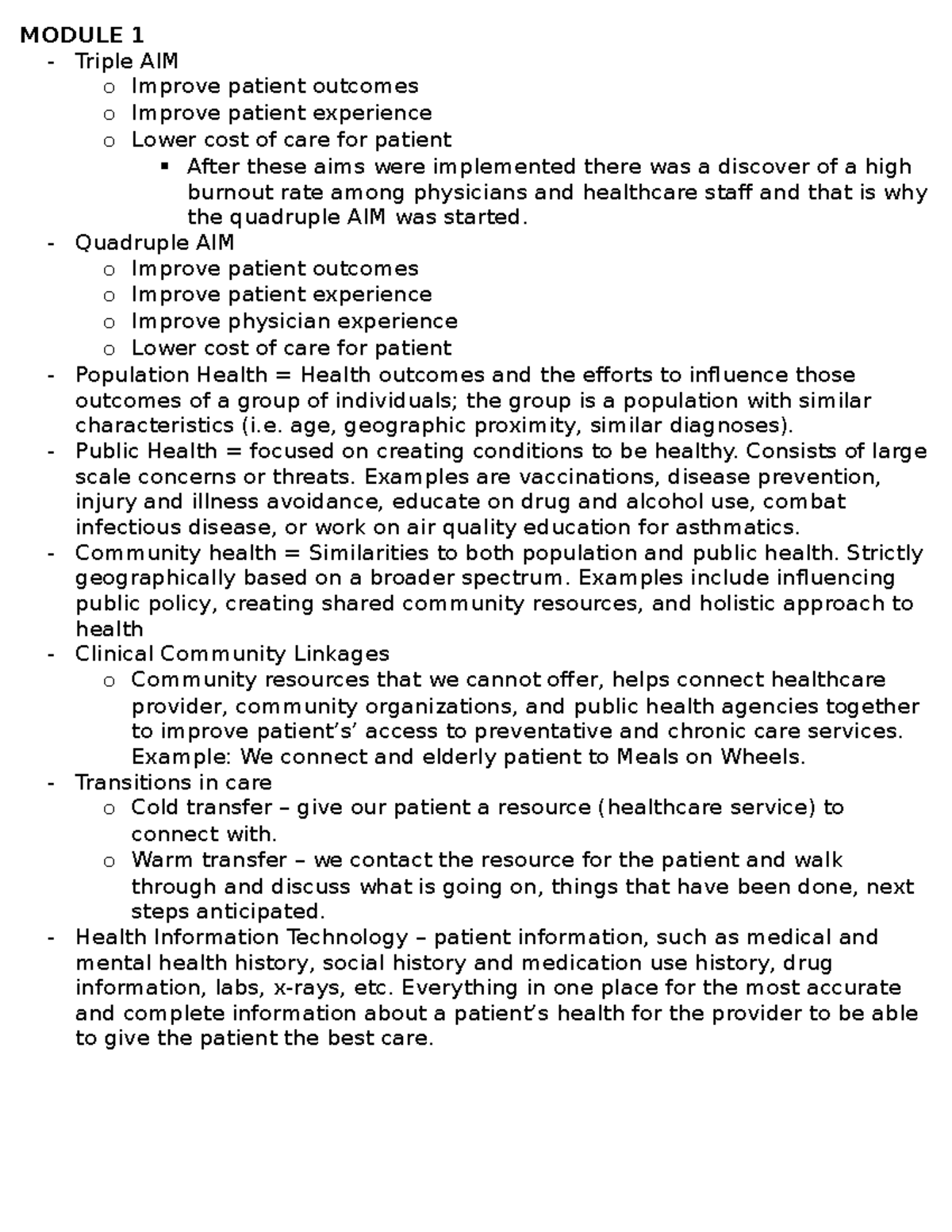 Cohort Notes Module 1 - MODULE 1 Triple AIM o Improve patient outcomes ...