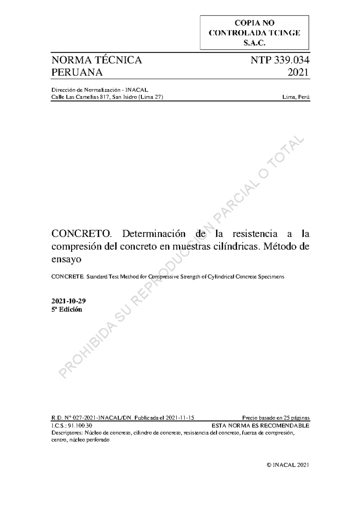 NTP 339.034: Método de Ensayo para Resistencia a la Compresión del Concreto - Document Preview