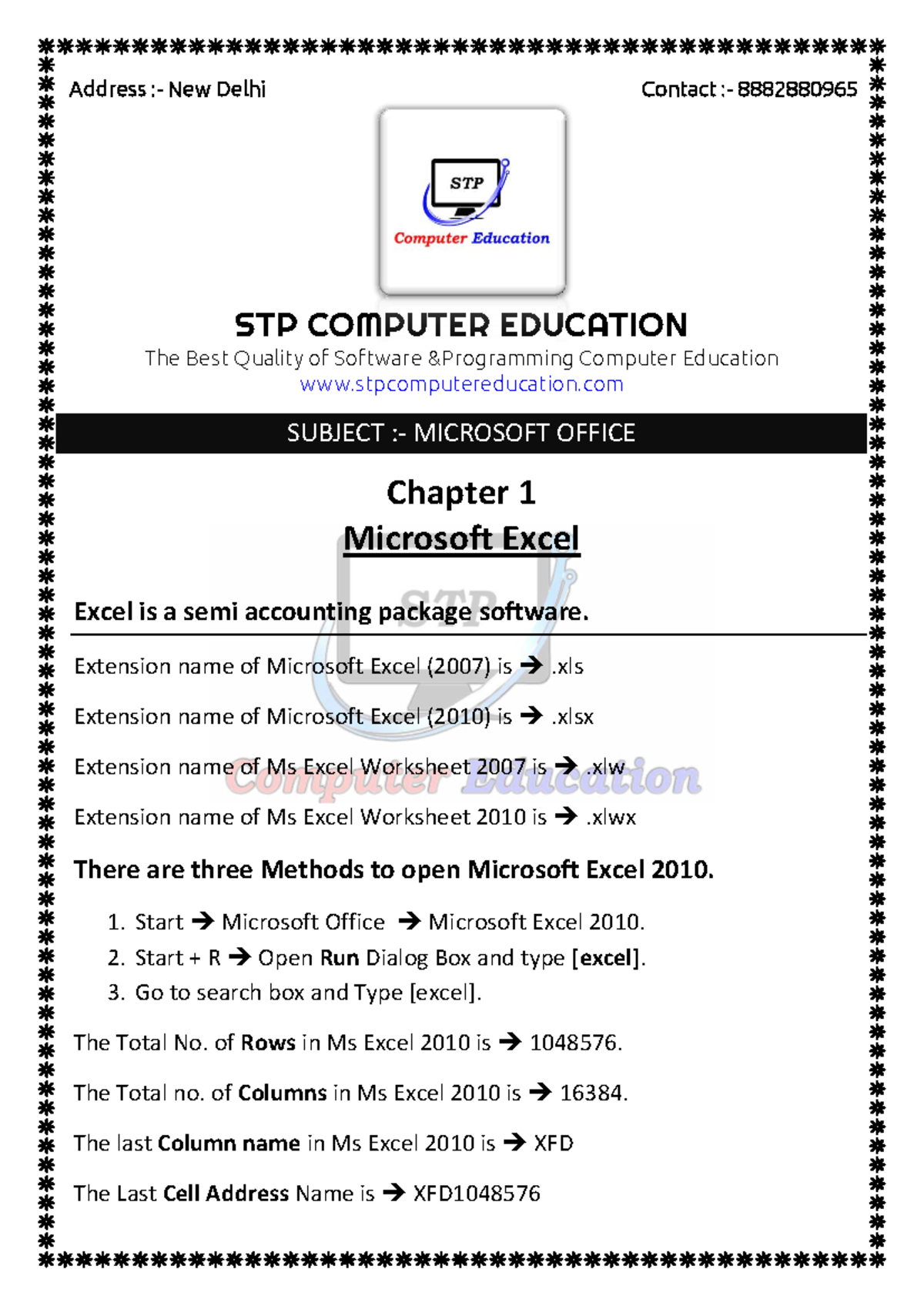 Chapter 1: Advanced Microsoft Excel Techniques (Subject: MS Office ...
