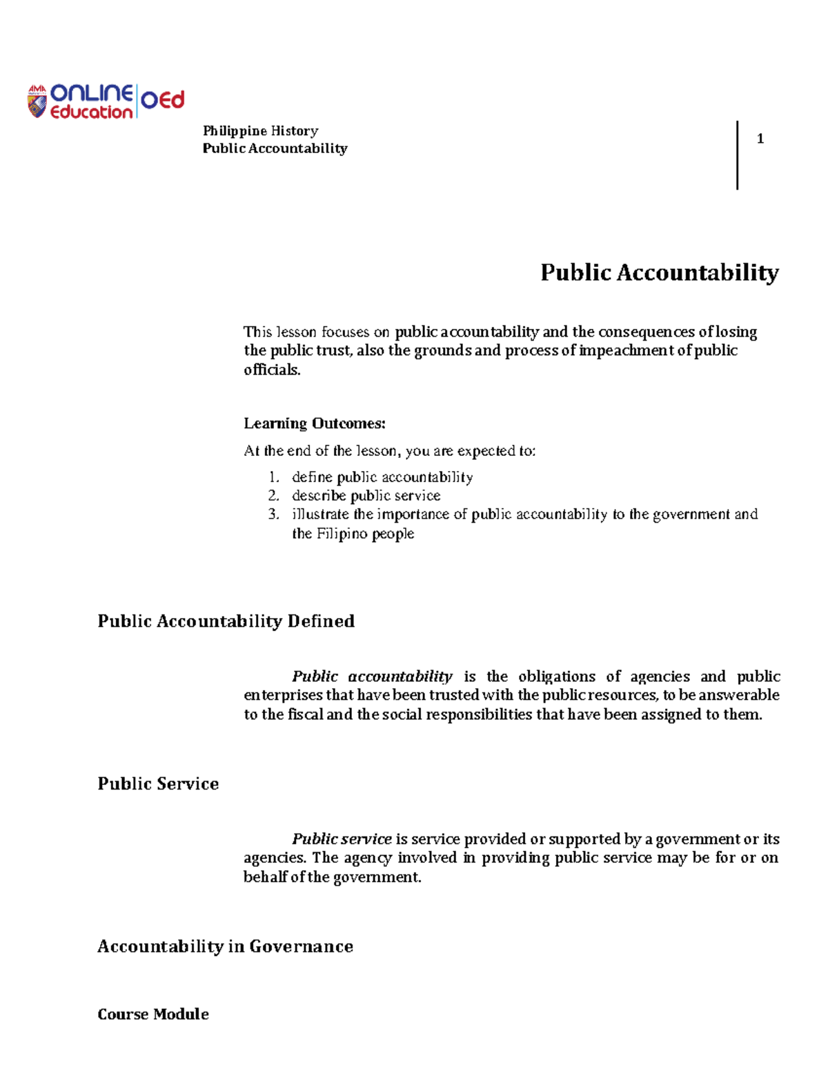 Lesson 13: Public Accountability in Philippine Governance - Studocu