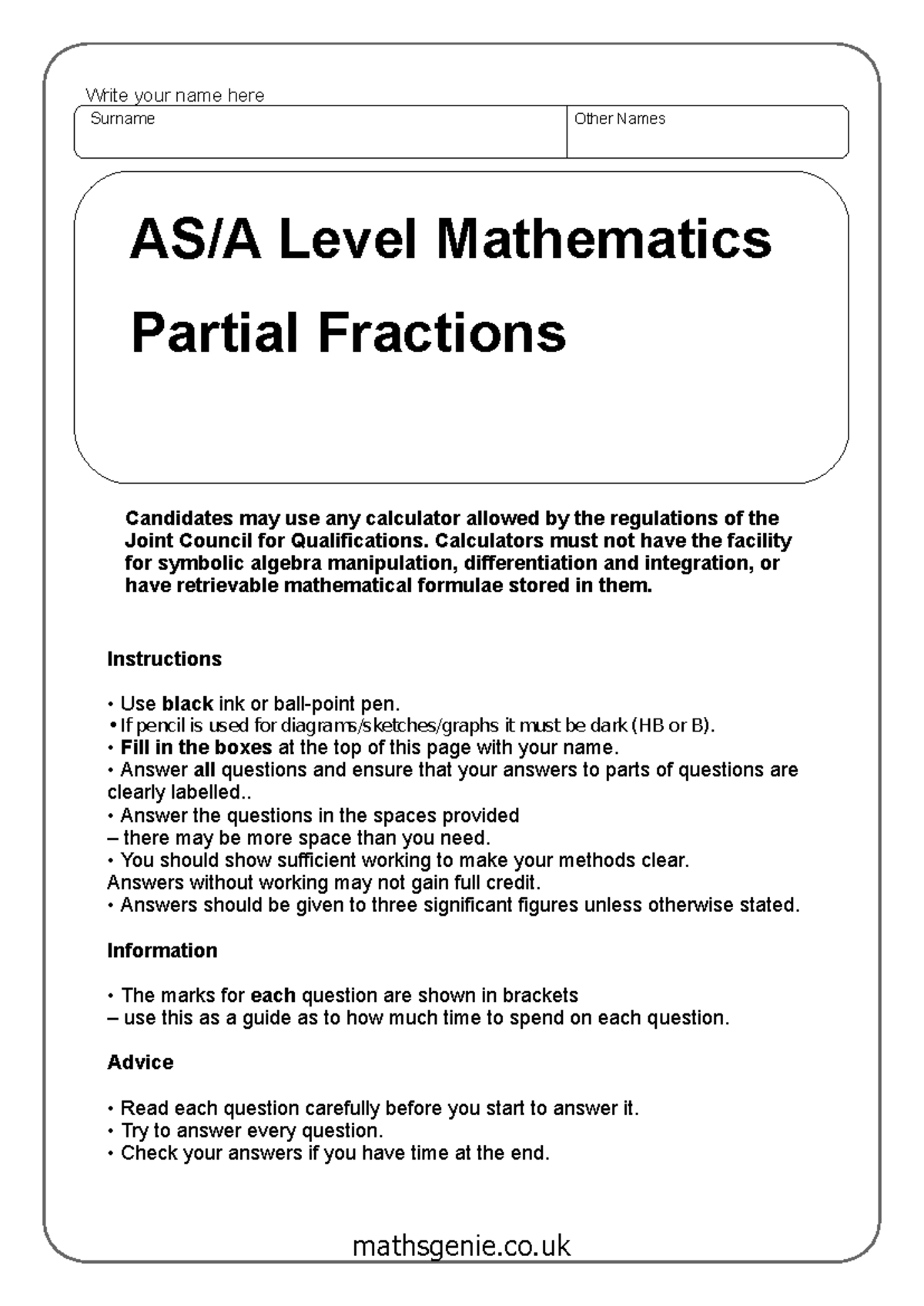 Mathematics Level Partial Fractions Exam Instructions - Studocu