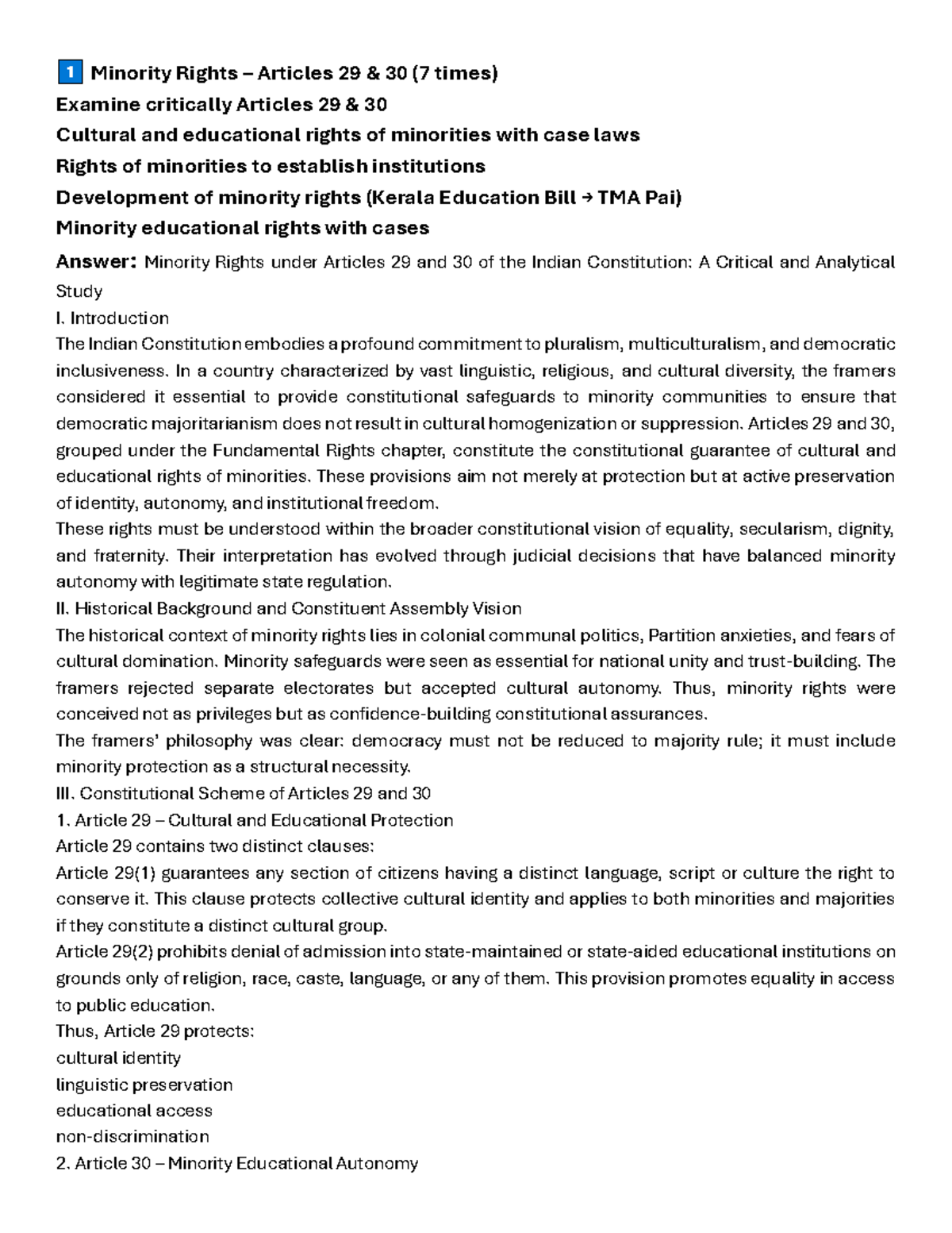 Critical Analysis of Minority Rights under Articles 29 and 30: A Study ...