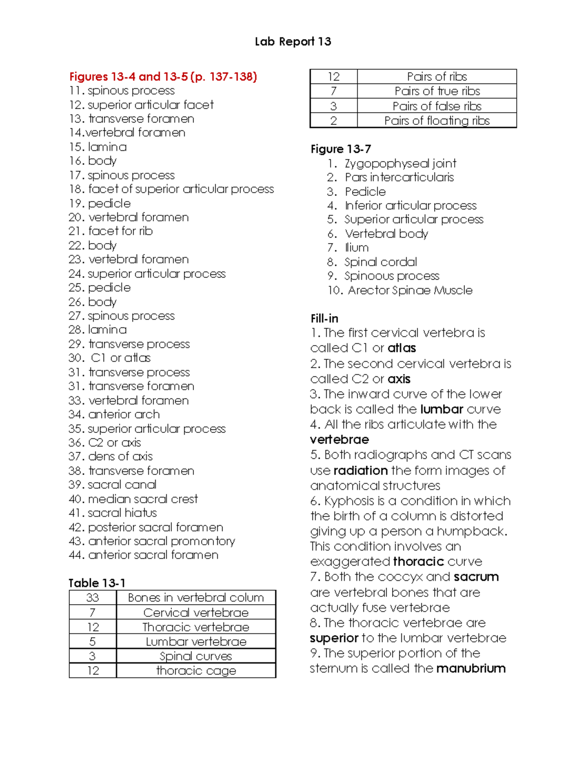 Lab Report 13: Anatomy of the Vertebral Column and Ribs - Studocu