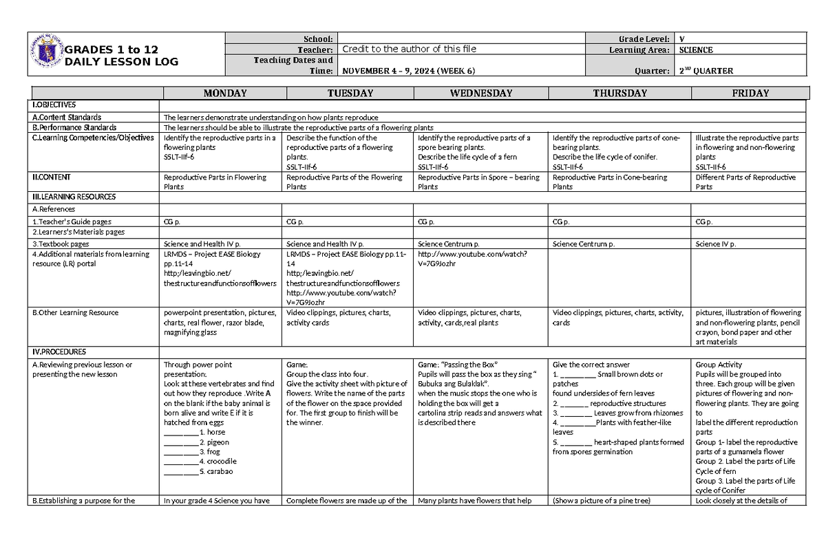 DLL Science 5 Q2 W6 - GRADES 1 to 12 DAILY LESSON LOG School: Grade ...