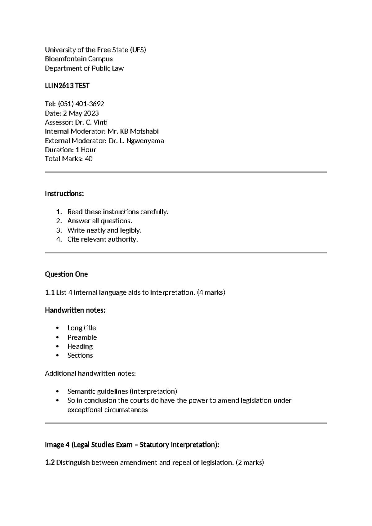 UFS LLIN2613 Public Law Test Paper - May 2023 - Studocu