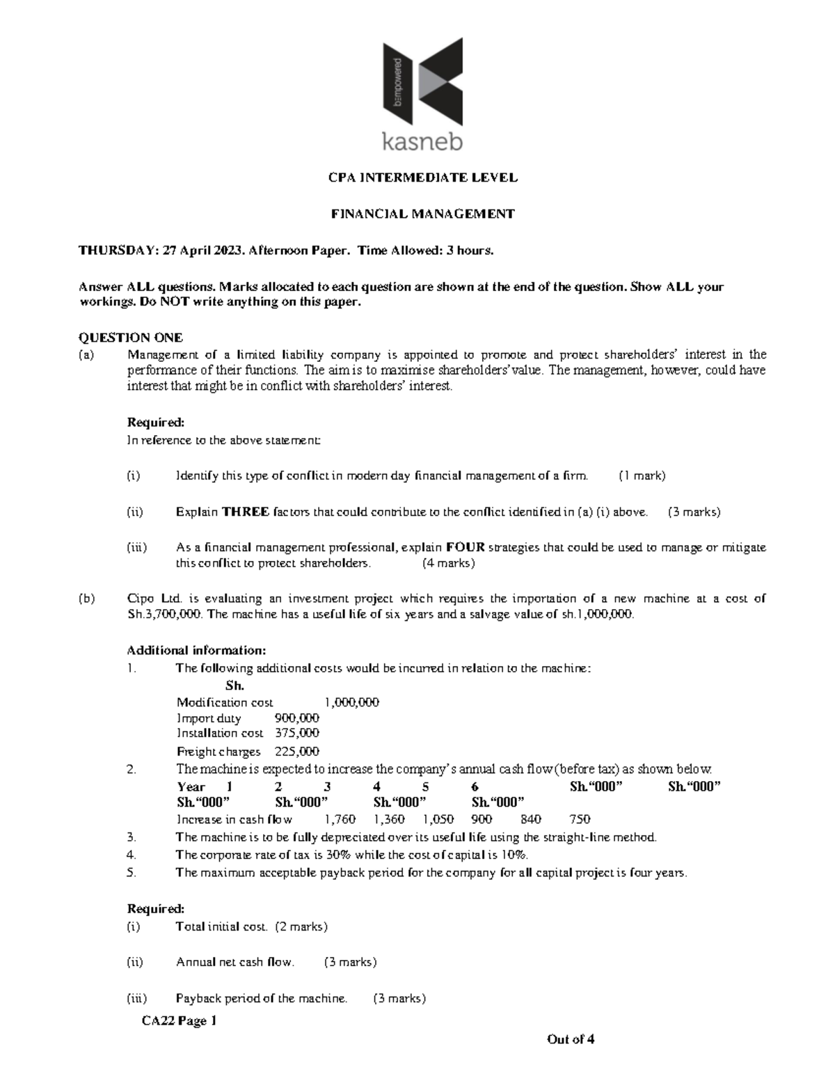 CA22 Financial Management Midterm Exam Notes - April 2023 - Studocu