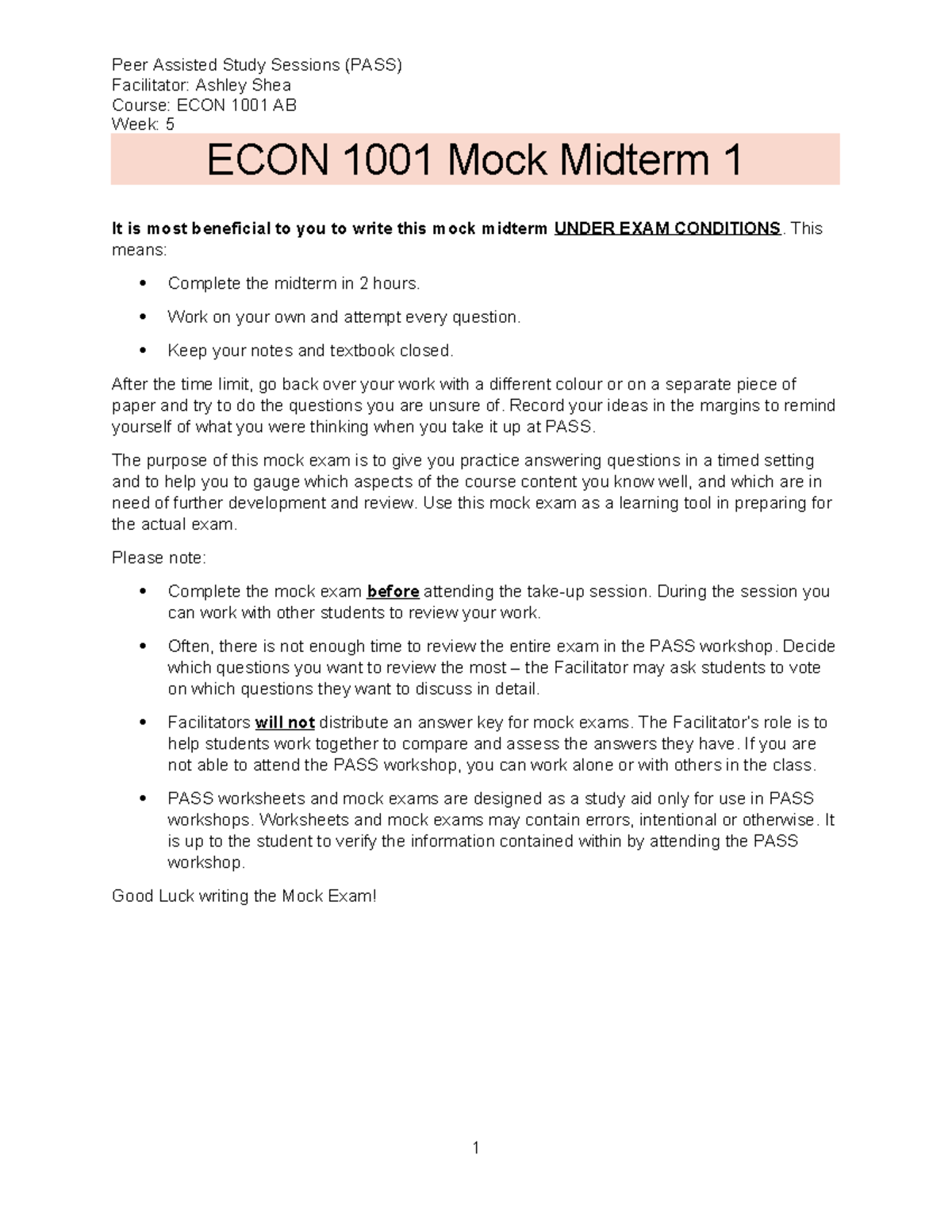 ECON 1001 AB - Comprehensive Mock Midterm 1 Study Guide - Studocu
