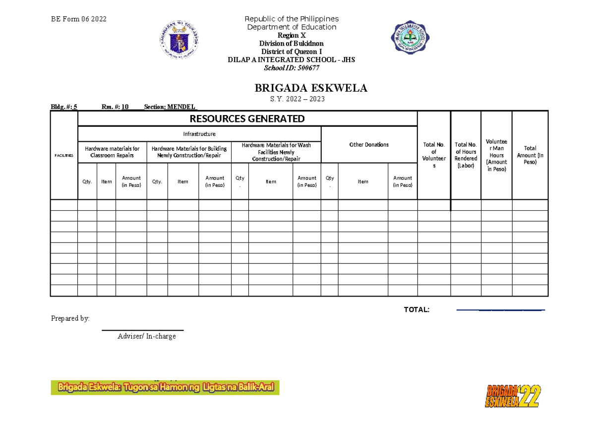 BE Form 06 2020: Generated Resources for Brigada Eskwela - Studocu