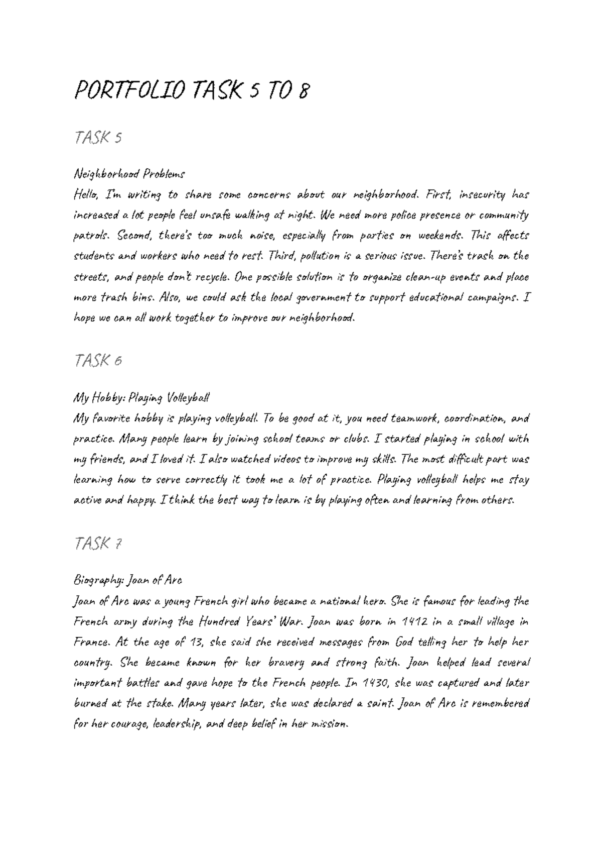 Portfolio Tasks 5 to 8 - Neighborhood Issues & Personal Hobbies B1 ...