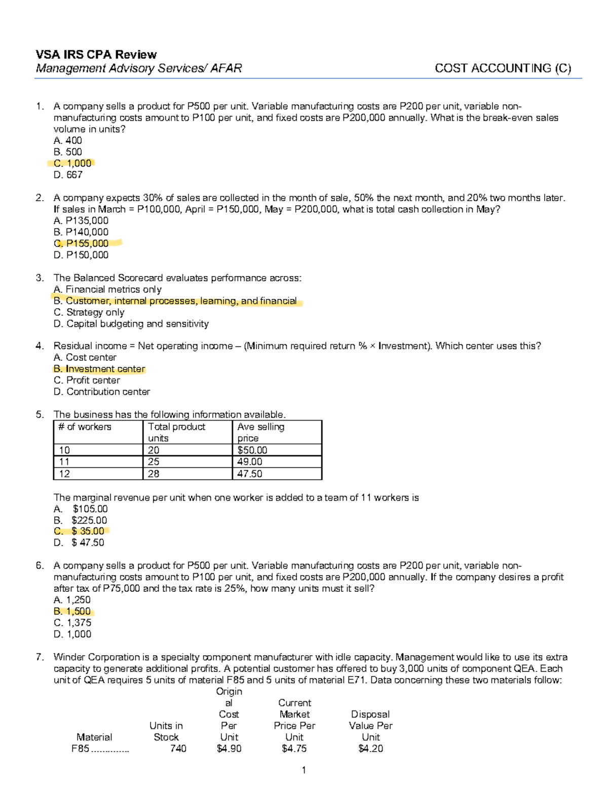 COST Accounting C: VSA IRS CPA Review Management Advisory Notes - Studocu