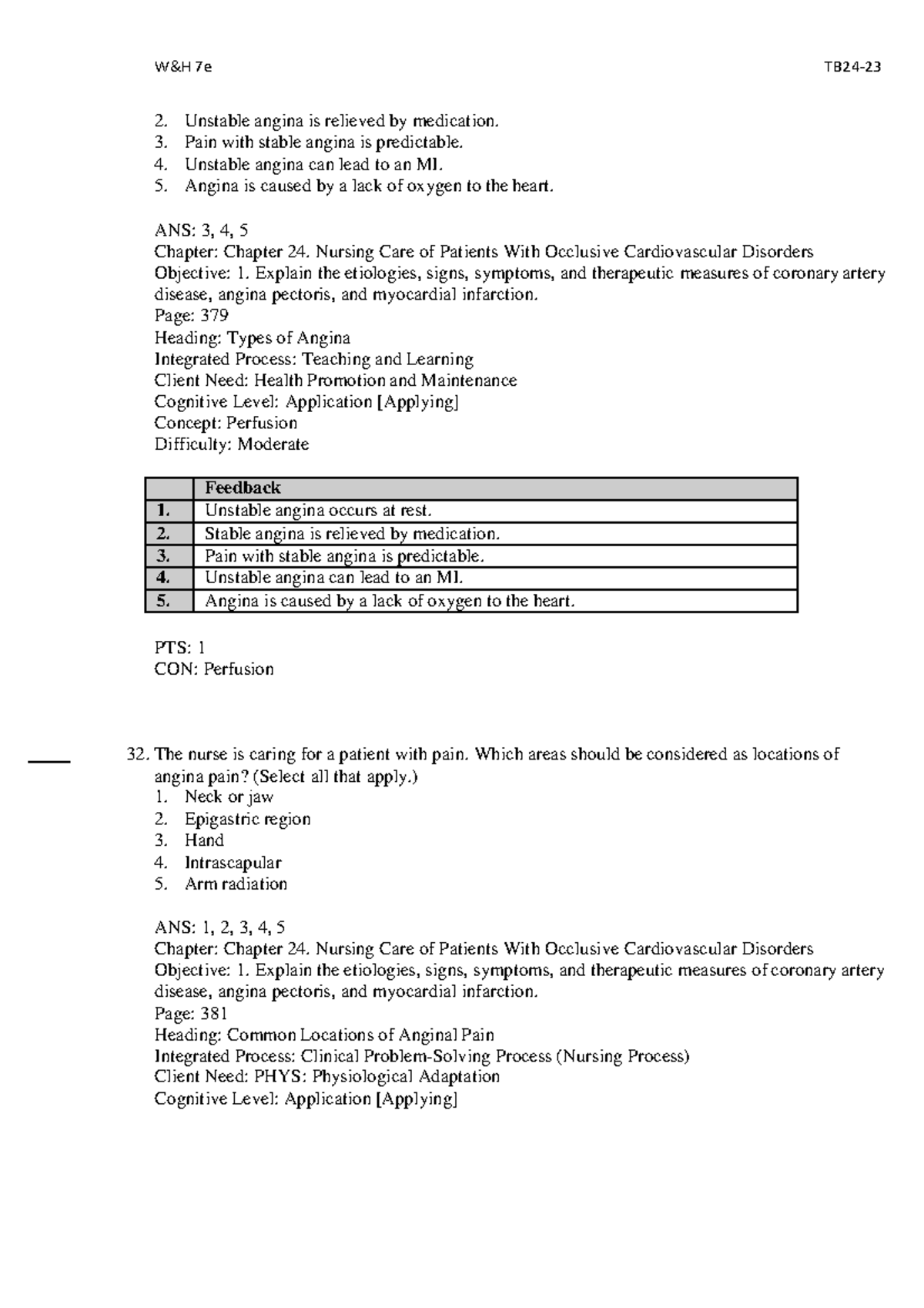 NUR 2241: Chapter 24 - Angina Types & Pain Locations Overview - Studocu
