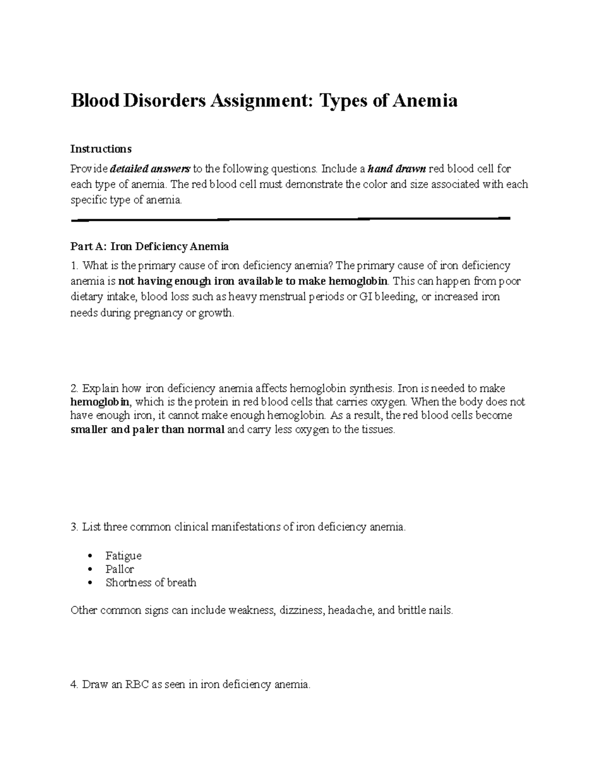 Blood Disorders Assignment: Types of Anemia Analysis and Drawings - Studocu