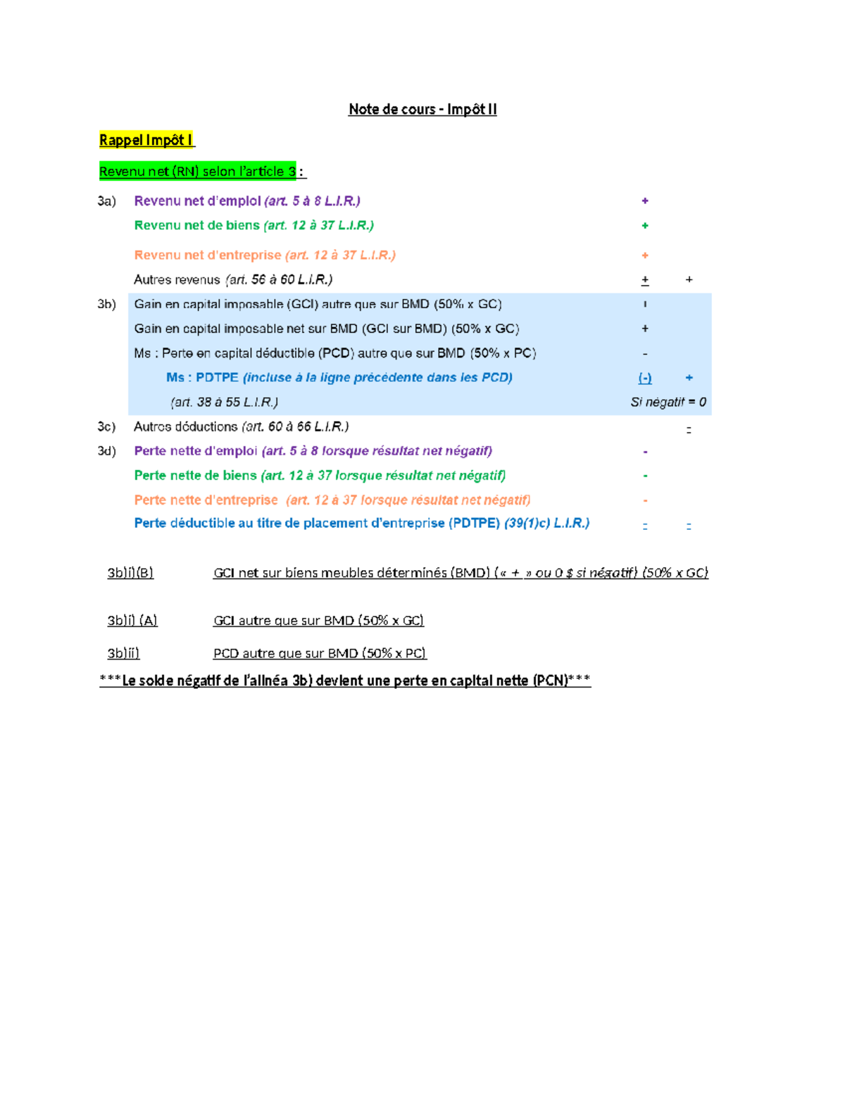 Note de cours - Impôt II : Rappel sur le Revenu Net et Perte en Capital ...