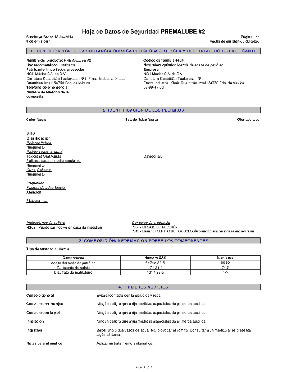 Hoja de Datos de Seguridad de Grasa NHC PREMALUBE #2 - 4464 - Studocu