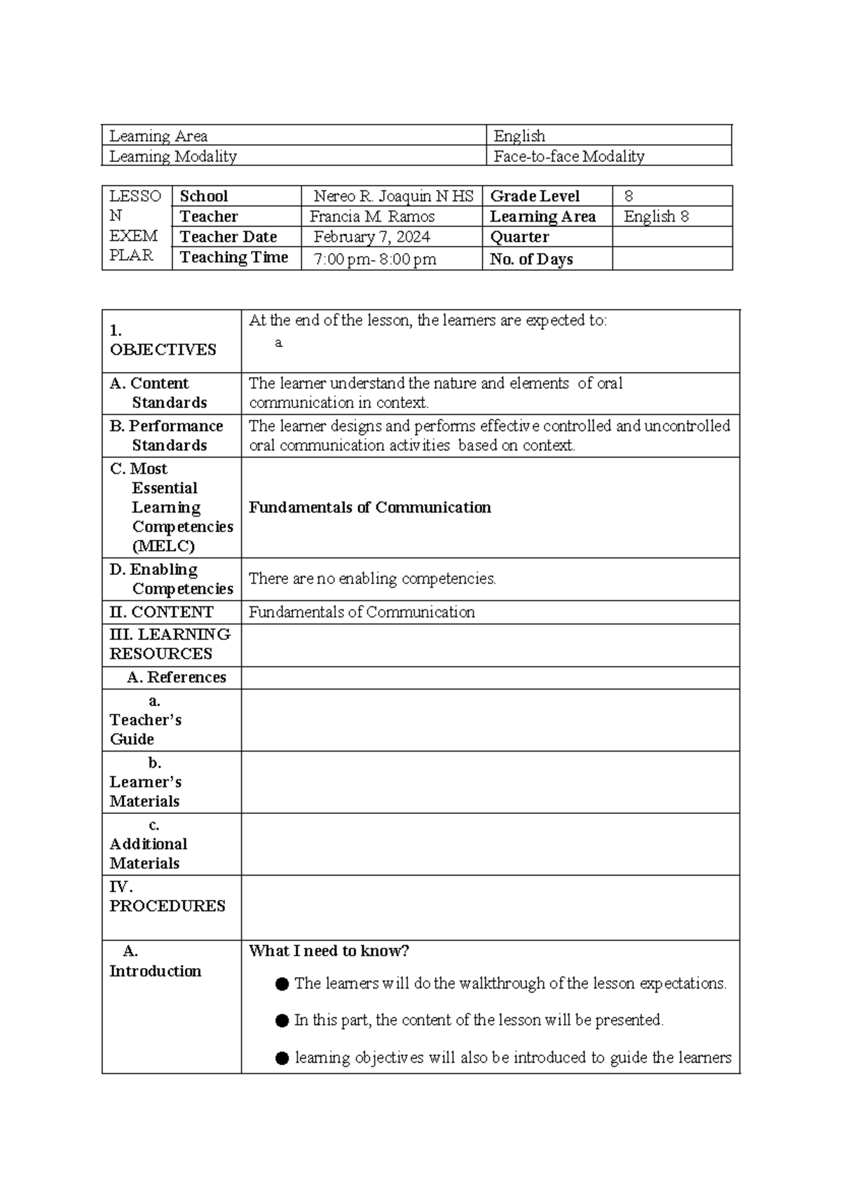Ramos, Francia TAMS lesson exemplar - Learning Area English Learning ...