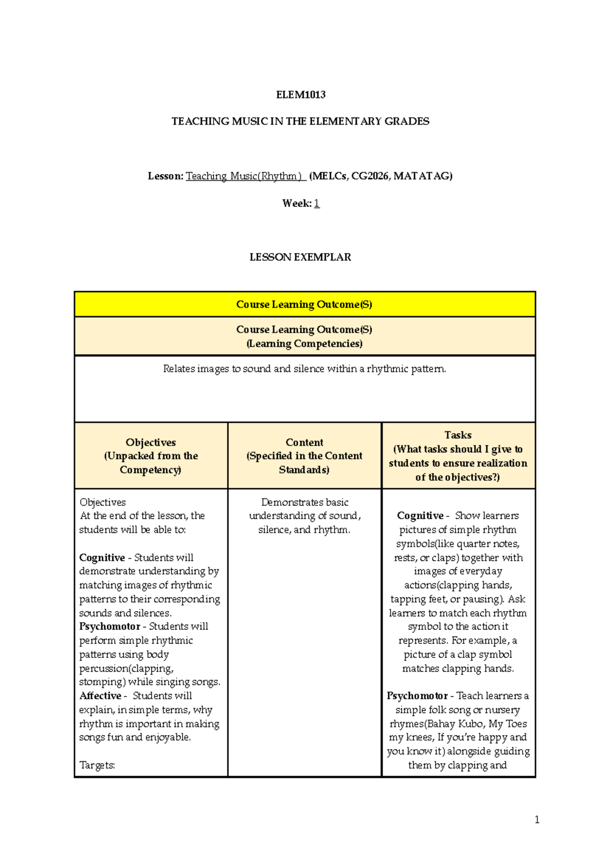 ELEM1013 TEACHING MUSIC IN THE ELEMENTARY GRADES Lesson Plan: Rhythm ...