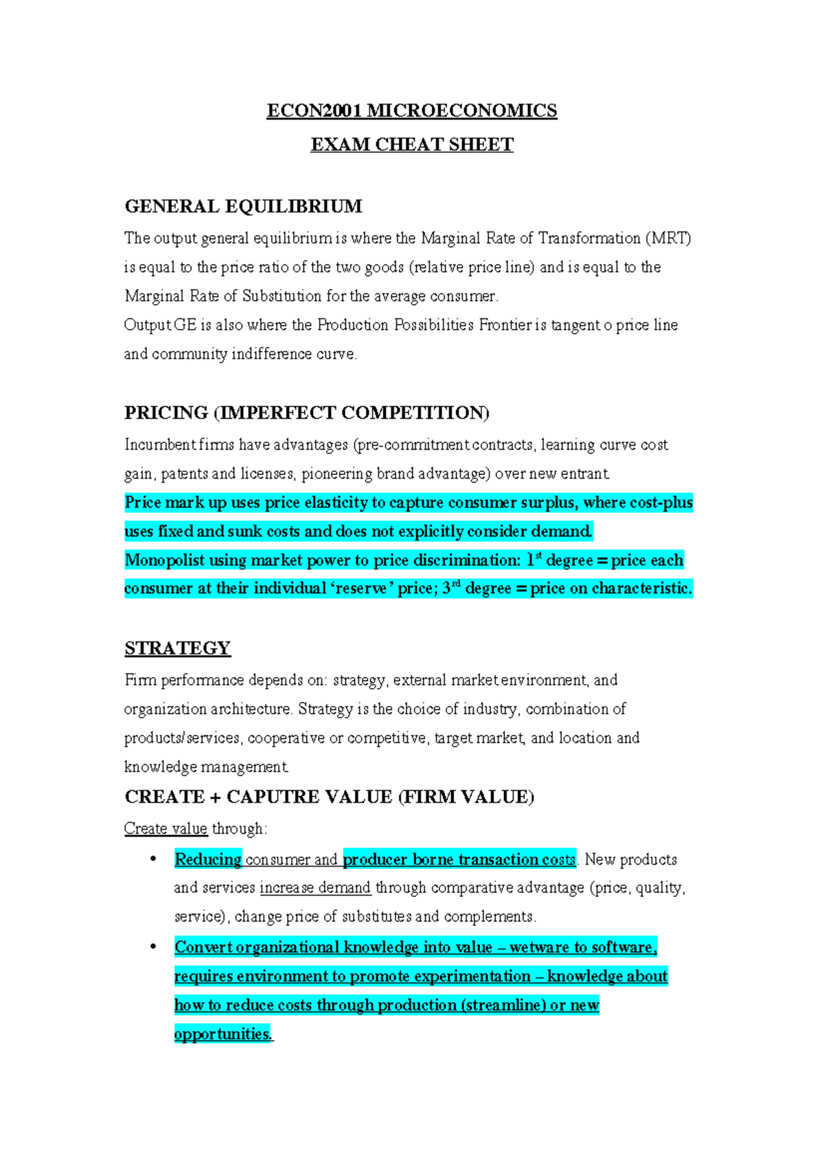 ECON2001 Final Exam Cheat Sheet: Key Concepts in Microeconomics - Studocu