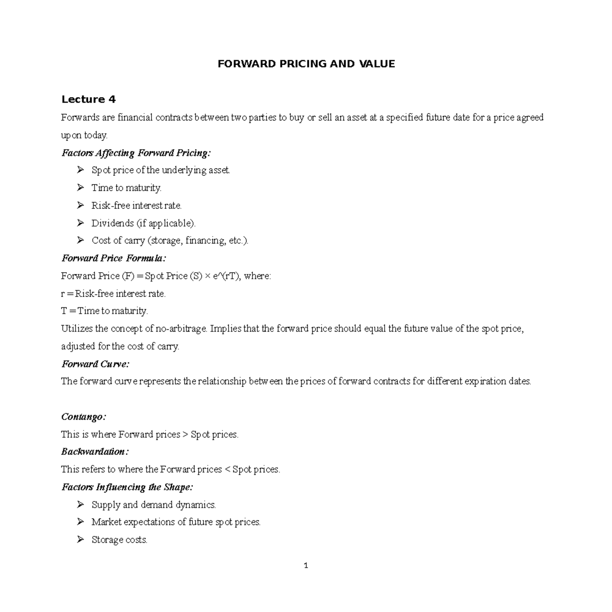MO; Lecture 4 & 5 - Forward and Futures Pricing Concepts - Studocu