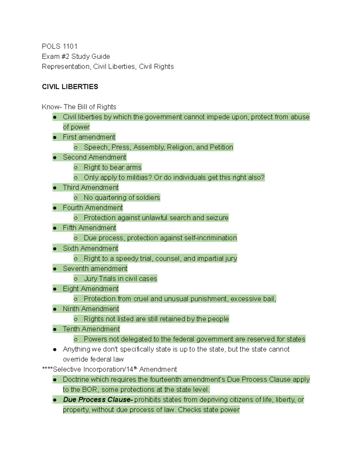 POLS 1101 - Exam Study Guide: Civil Liberties & Civil Rights Overview ...