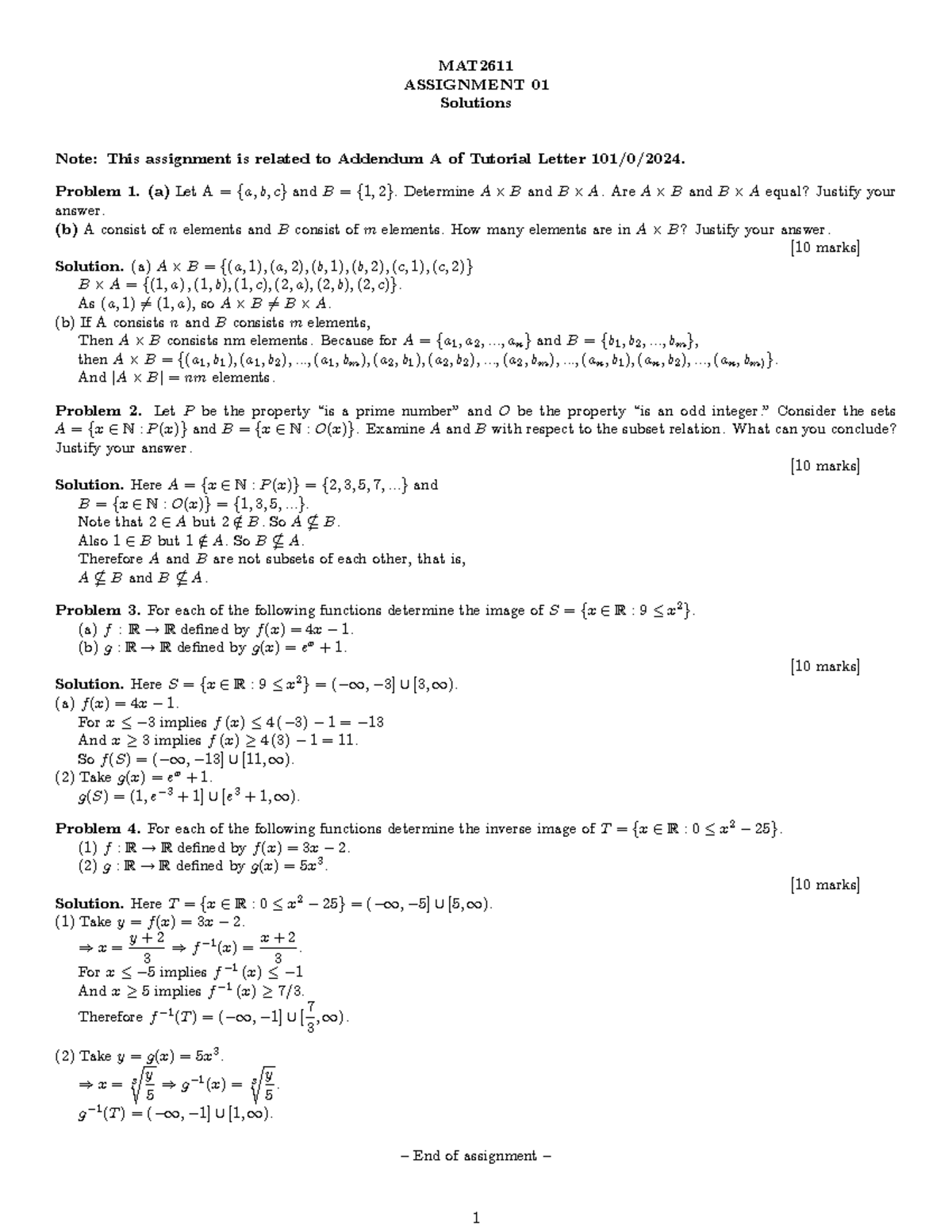 MAT2611 Assignment 01 Solutions and Explanations - Studocu