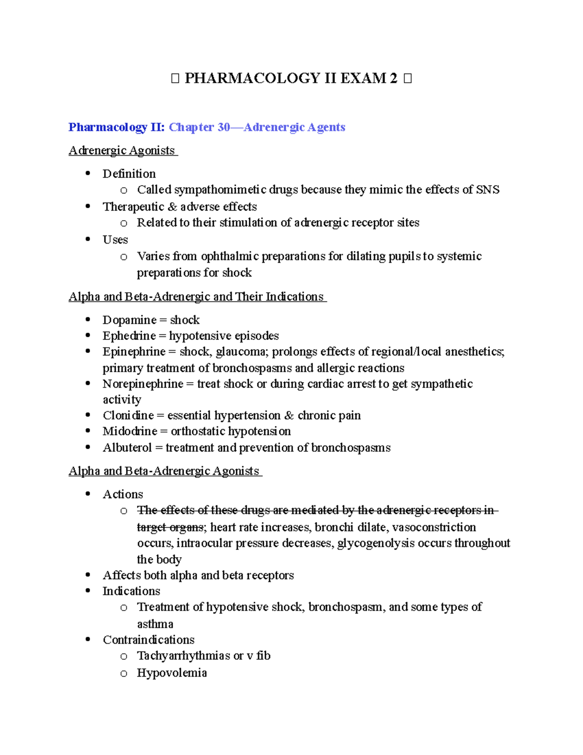 Pharm II Exam 2 Study Notes: Adrenergic Agents & Antagonists - Studocu