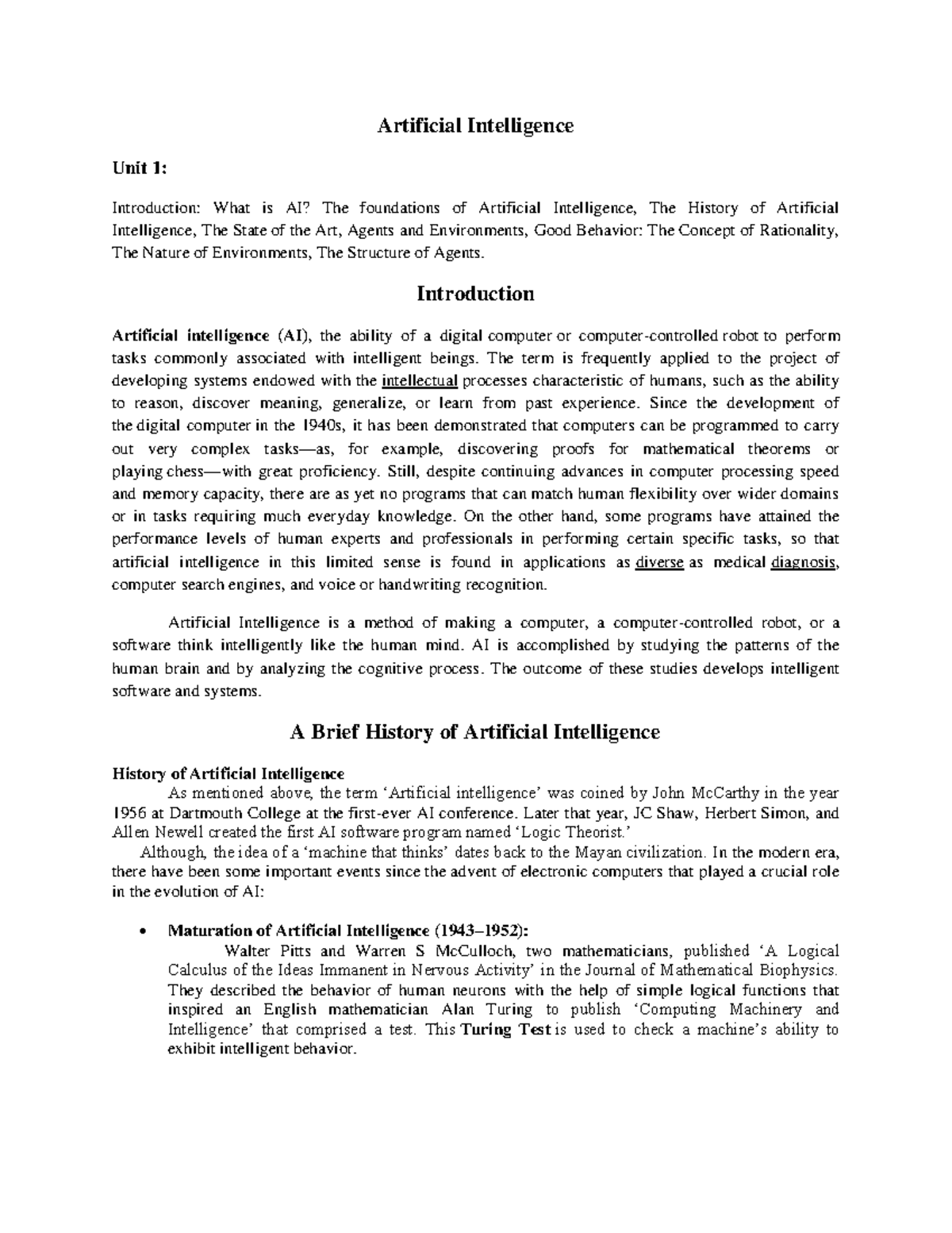 AI Unit 1 - Foundations and Key Concepts of Artificial Intelligence ...