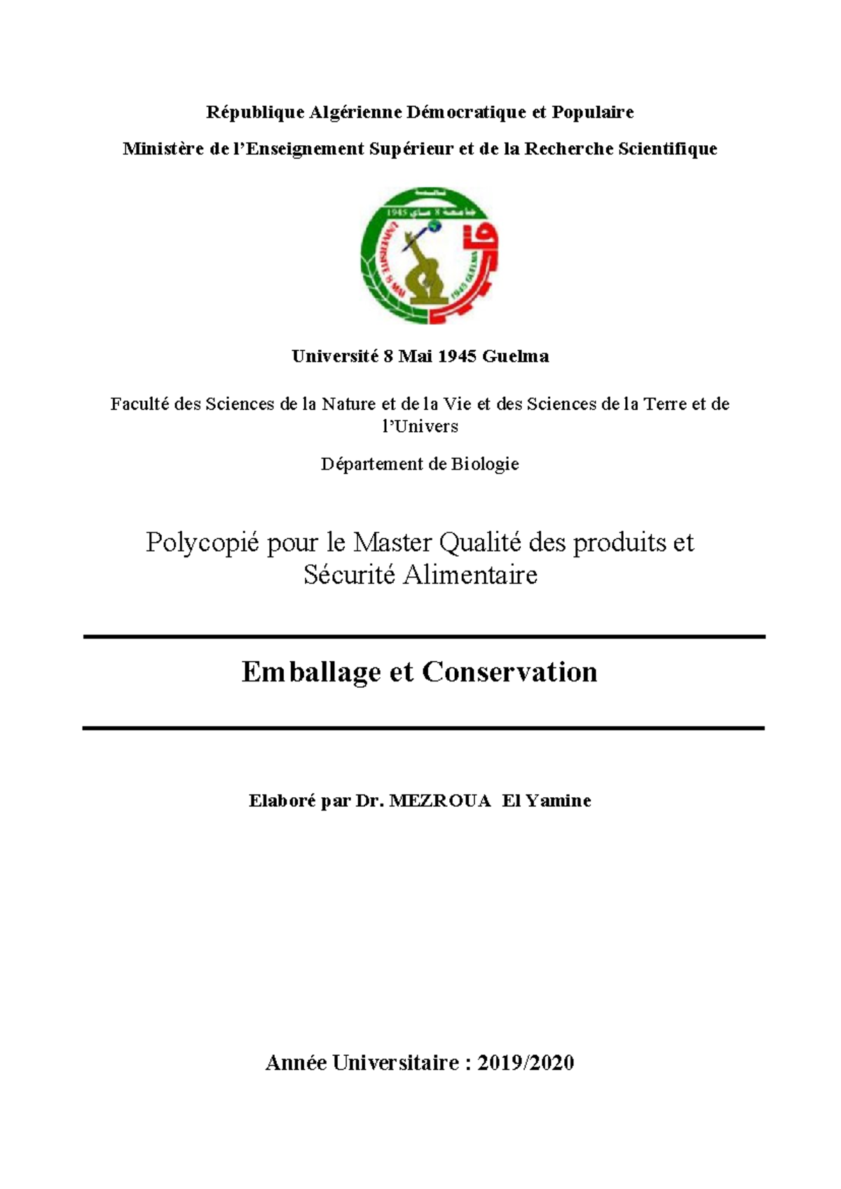 Emballage et Conservation des Aliments - Master 1 QPSA - Studocu