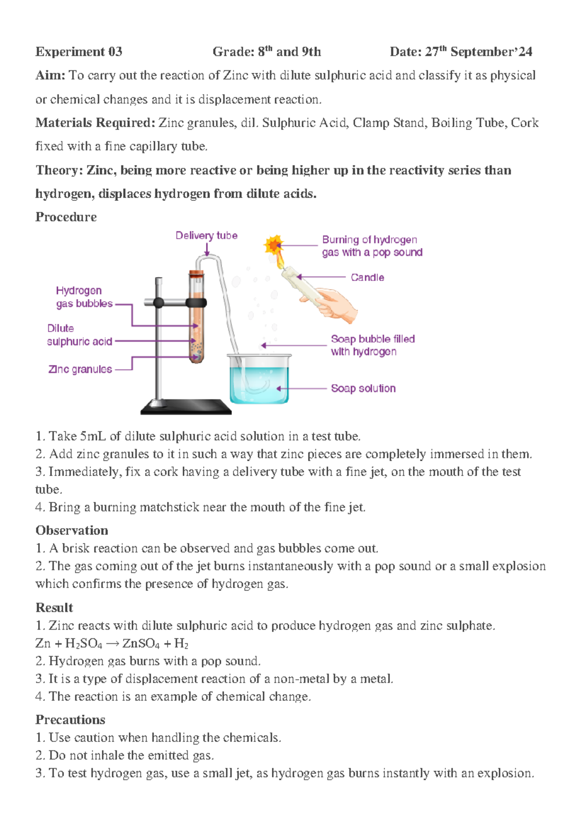 Zn + HCl Reaction Experiment - 8th & 9th Grade Lab Notes - Studocu