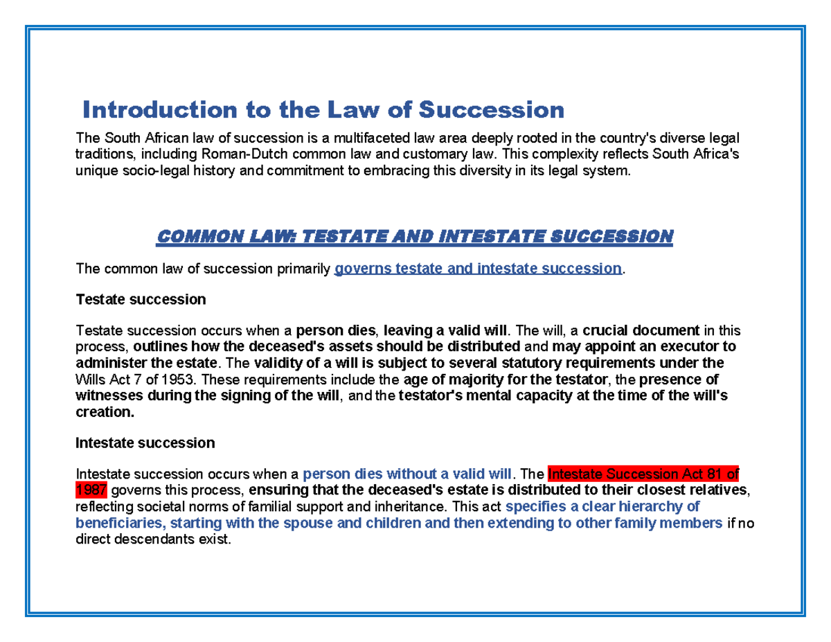 Law of Succession Notes (LAW 101): Testate & Intestate Succession - Studocu