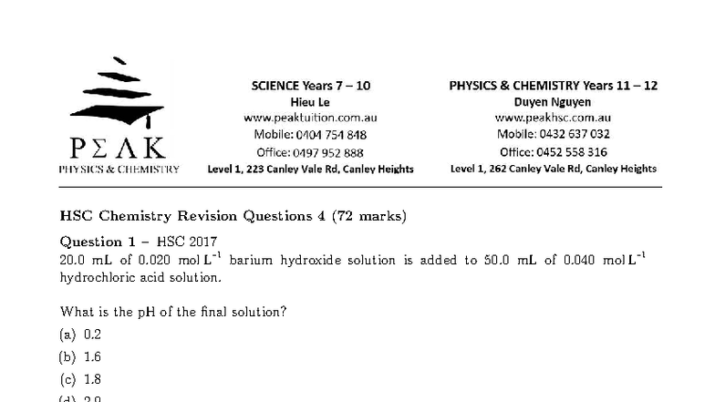 HSC Chemistry Revision Questions 4: Key Concepts and Practice - Studocu