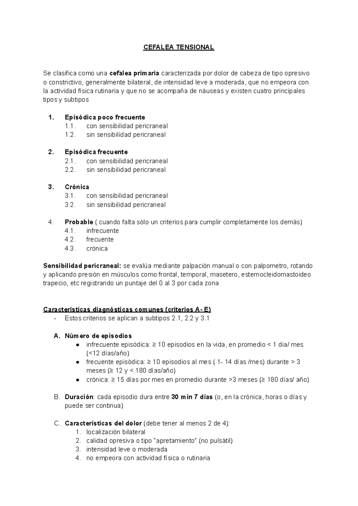 CEFALEA TENSIONAL: Clasificación y Características Diagnósticas - Studocu