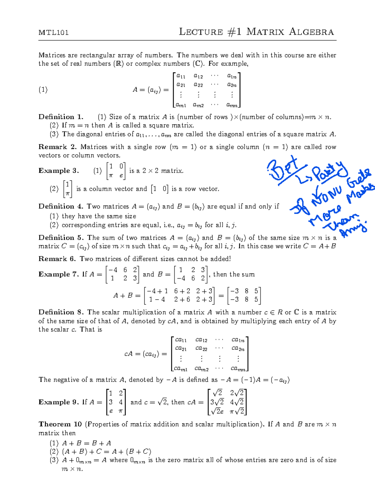 MTL101 Lecture Notes on Matrix Algebra and Gaussian Elimination - Studocu
