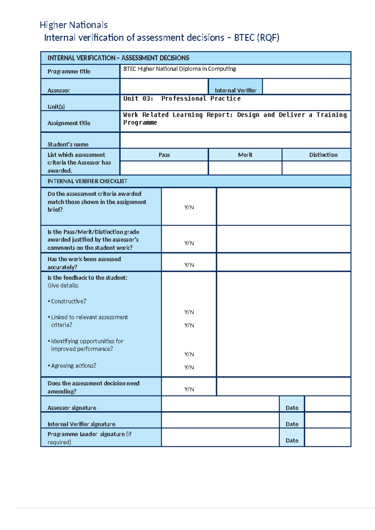 BTEC HND Computing Unit 03: Internal Verification Assessment Guide ...