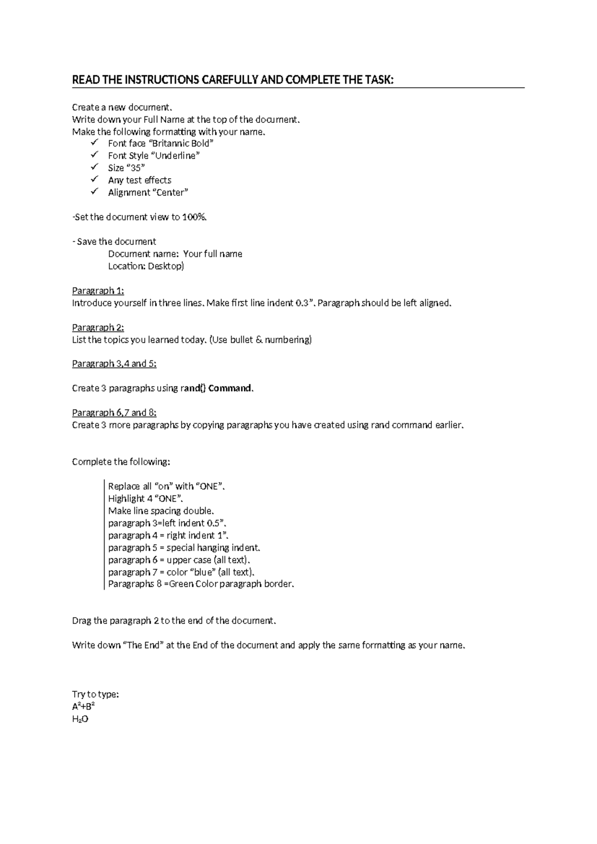 Document Formatting Instructions for Task Completion - Studocu