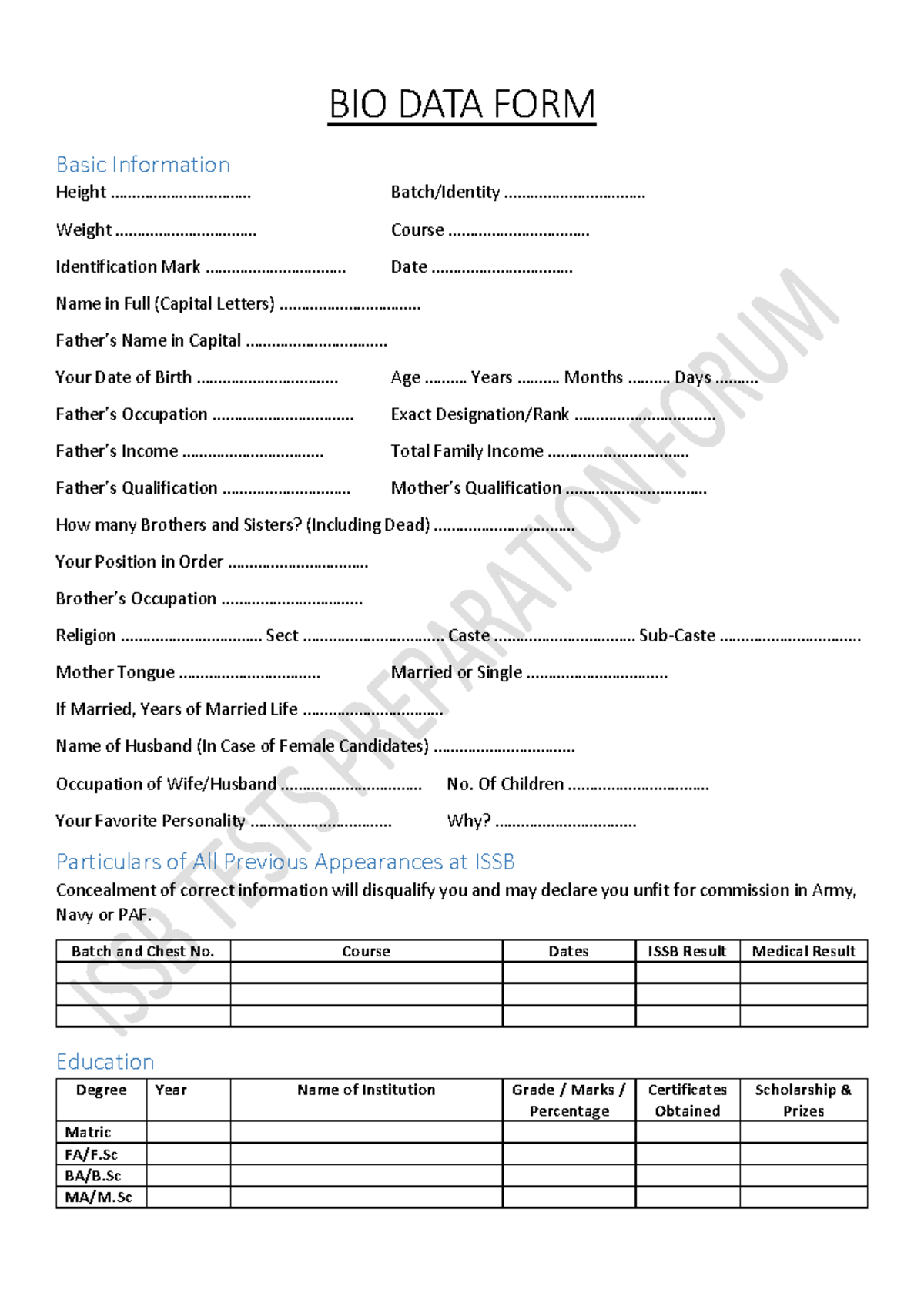 ISSB Biodata Form - Basic Info & Personal Details - Studocu